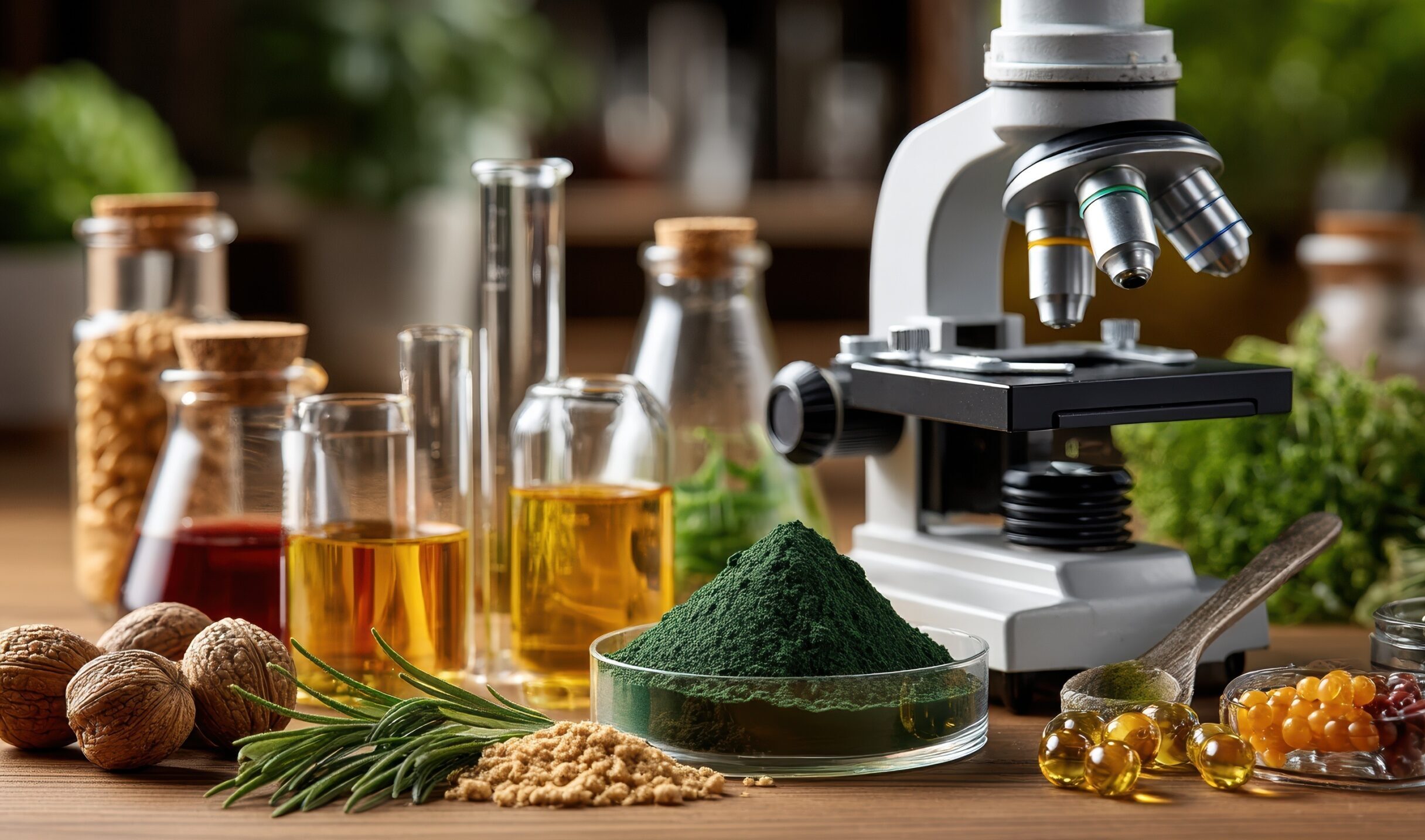 Healthy eating and nutrition research with vitamins and food supplement analysis in a laboratory setting